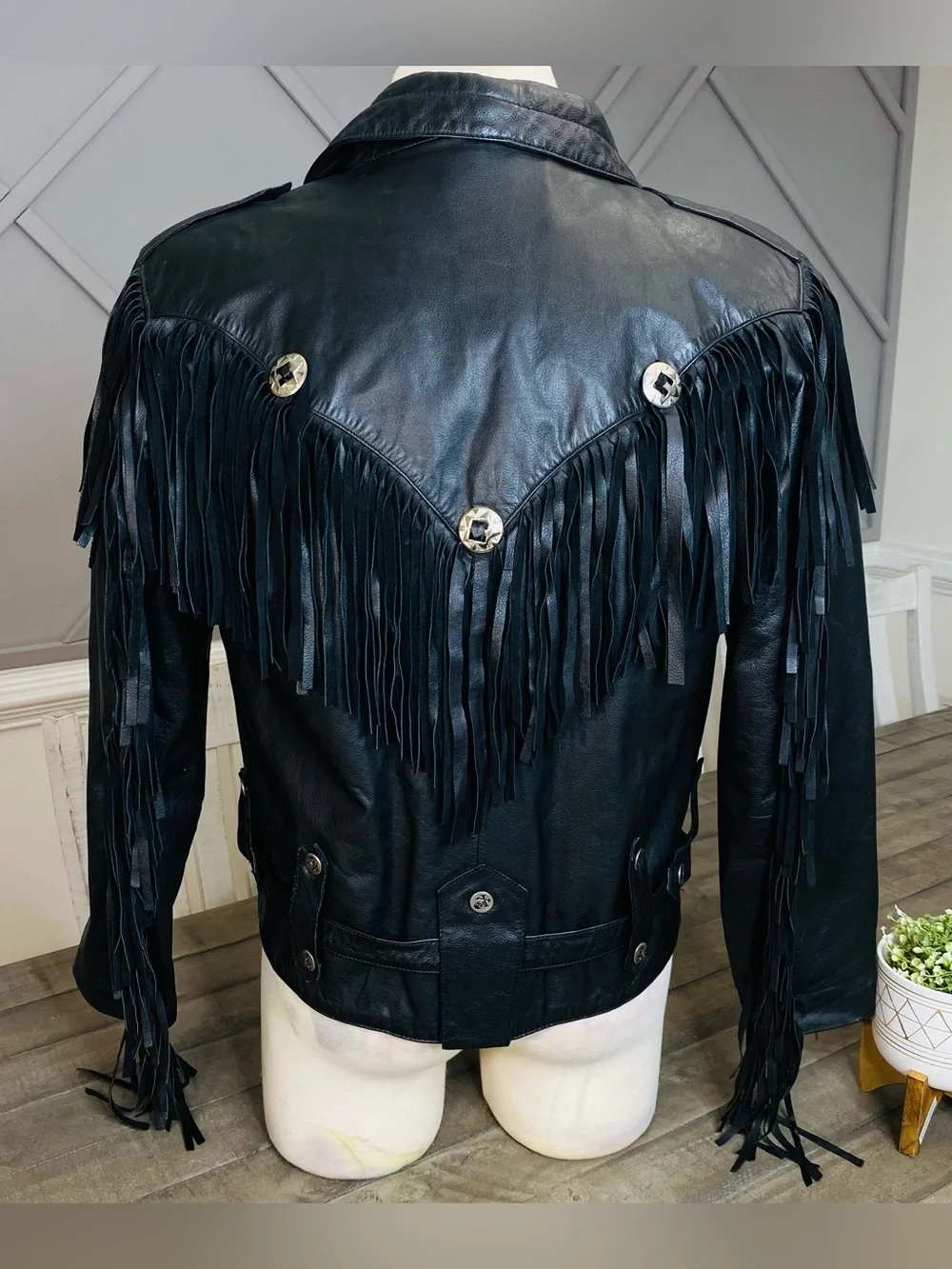 Vintage Leather Warehouse Black Fringe Moto Jacket Belted Western Rock Sz 44